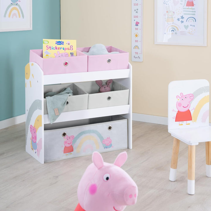roba Spielregal aus Holz Peppa Pig - Spielzeugregal mit 5 Boxen - Montessori Aufbewahrungsregal für