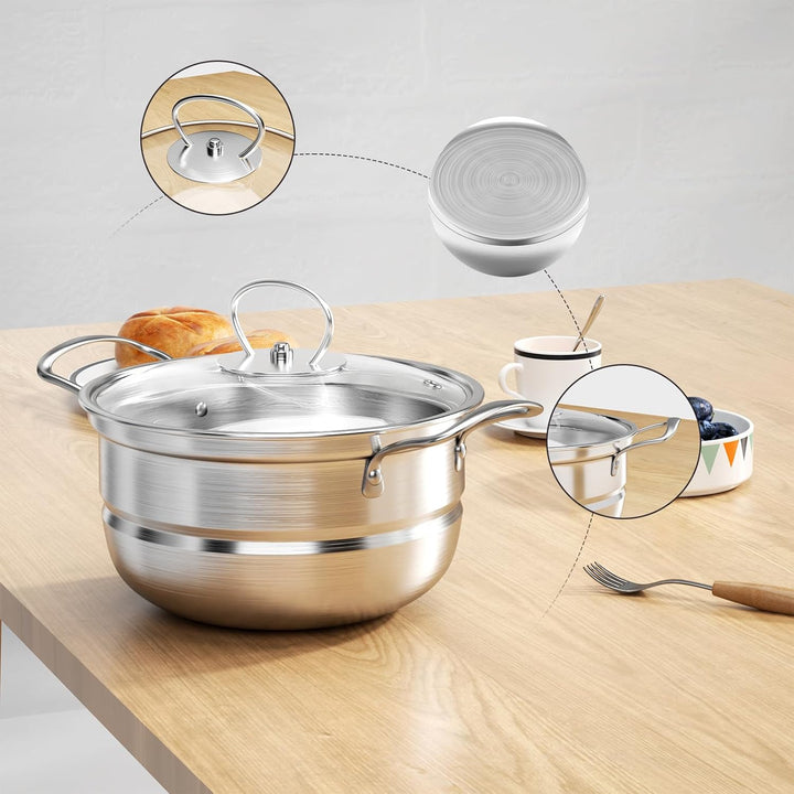 Topfset aus Edelstahl, Grosses Kochgeschirr Induktion-Kochtopf-Set, Töpfe mit Glasdeckel und Stielka