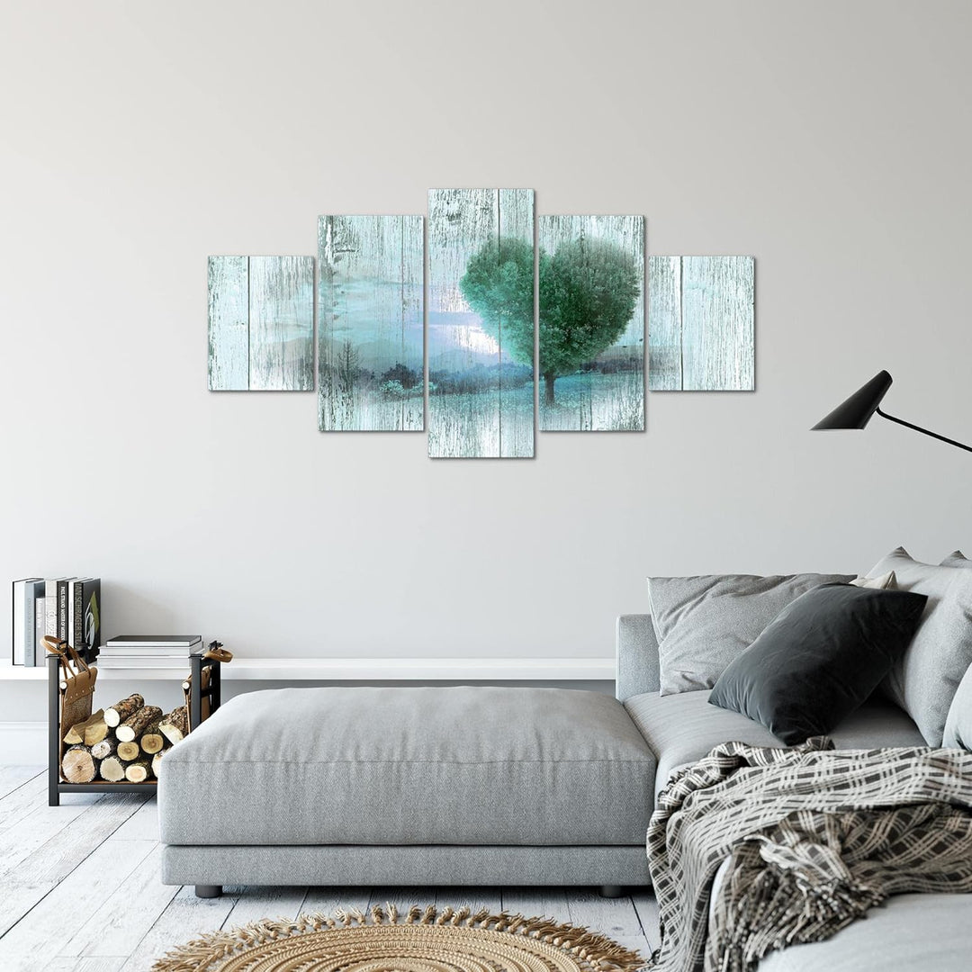 Runa Art Bild Wohnzimmer Schlafzimmer Herbst Vintage 5 Teilig Baum Herz Türkis Wandbilder auf Vlies