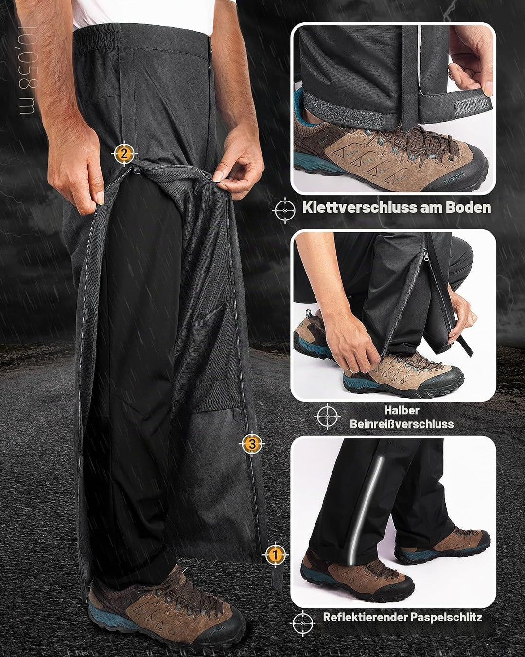 33,000ft Regenhose Herren Wasserdicht Full Zip Wanderhose, Atmungsaktiv 2-Lagen Überziehhose Fahrrad
