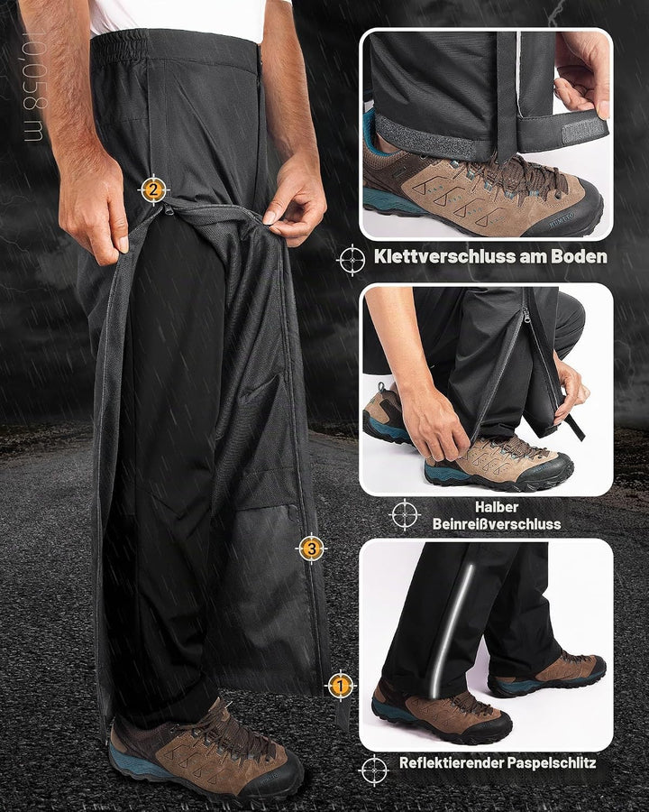 33,000ft Regenhose Herren Wasserdicht Full Zip Wanderhose, Atmungsaktiv 2-Lagen Überziehhose Fahrrad