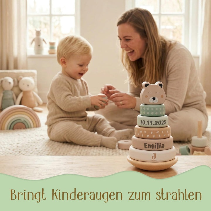 Stapelturm personalisiert mit Name & Datum – Jollein FSC Holz Baby Stapelspielzeug ab 12 Monate – Ge