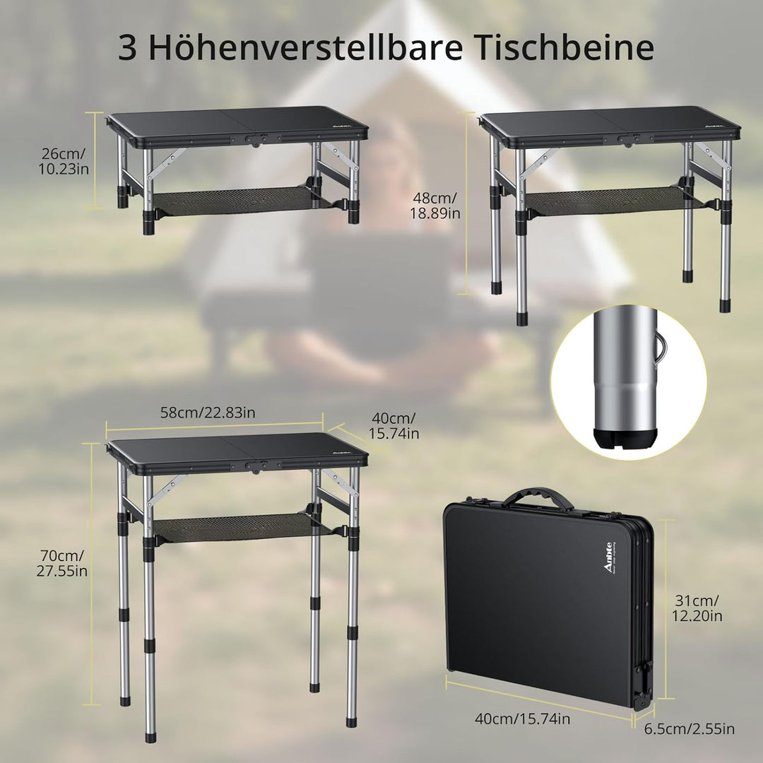 Anbte Campingtisch Klappbar 58x40cm Aluminium-Rahmen & Kunststoff-Tischplatte mit 3 Höhen Verstellba