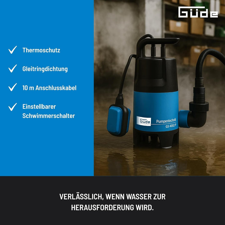 Güde Schmutzwassertauchpumpe GS 4002 P (400 W, 7500 l/h, Förderhöhe max 5 m, Eintauchtiefe max 4 m,