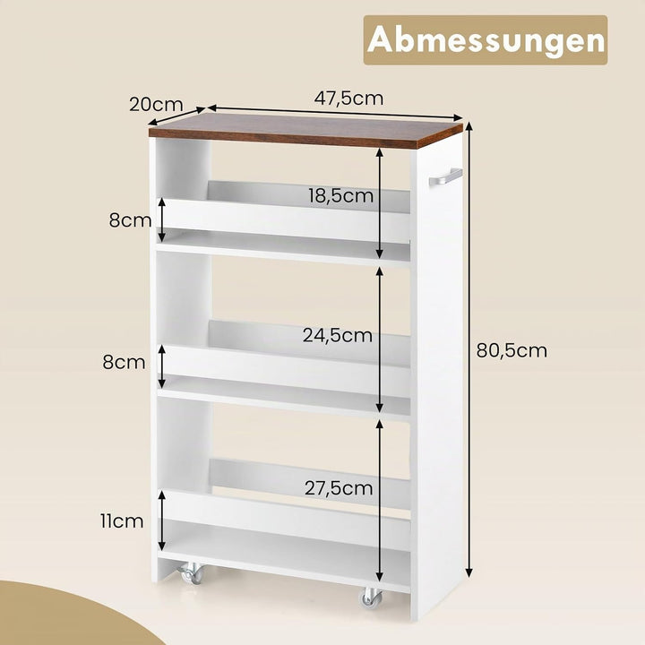 COSTWAY Nischenwagen 20cm breit, 4 Etagen Küchenwagen schmal, Nischenregal auf Rollen, Servierwagen