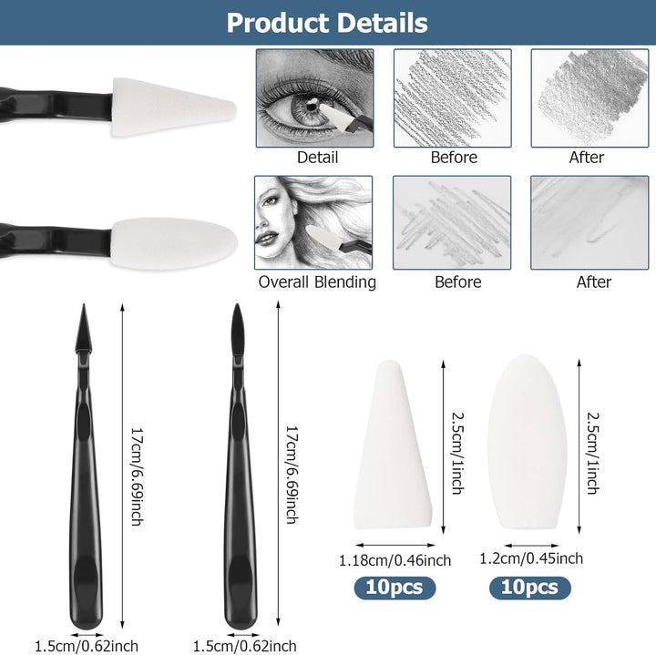 AGPTEK 48 PCS Sketch Drawing Tools, 20 Blending Stümpfe Set mit 2 Sandpapier Bleistiftspitzer, Bleis