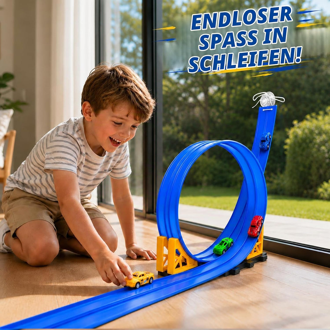 BunnyJOY Flexible Autorennbahn für Kinder mit 4 Rückziehautos, 2 Looping Rennbahn, Rampen Schwerkraf