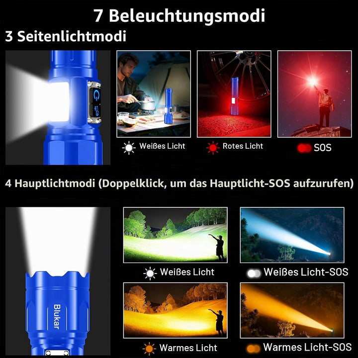 Blukar Taschenlampe LED 2 Farbtemperatur mit Hauptlicht &amp; Seitlich COB-Licht, Aufladbar Extrem Hell