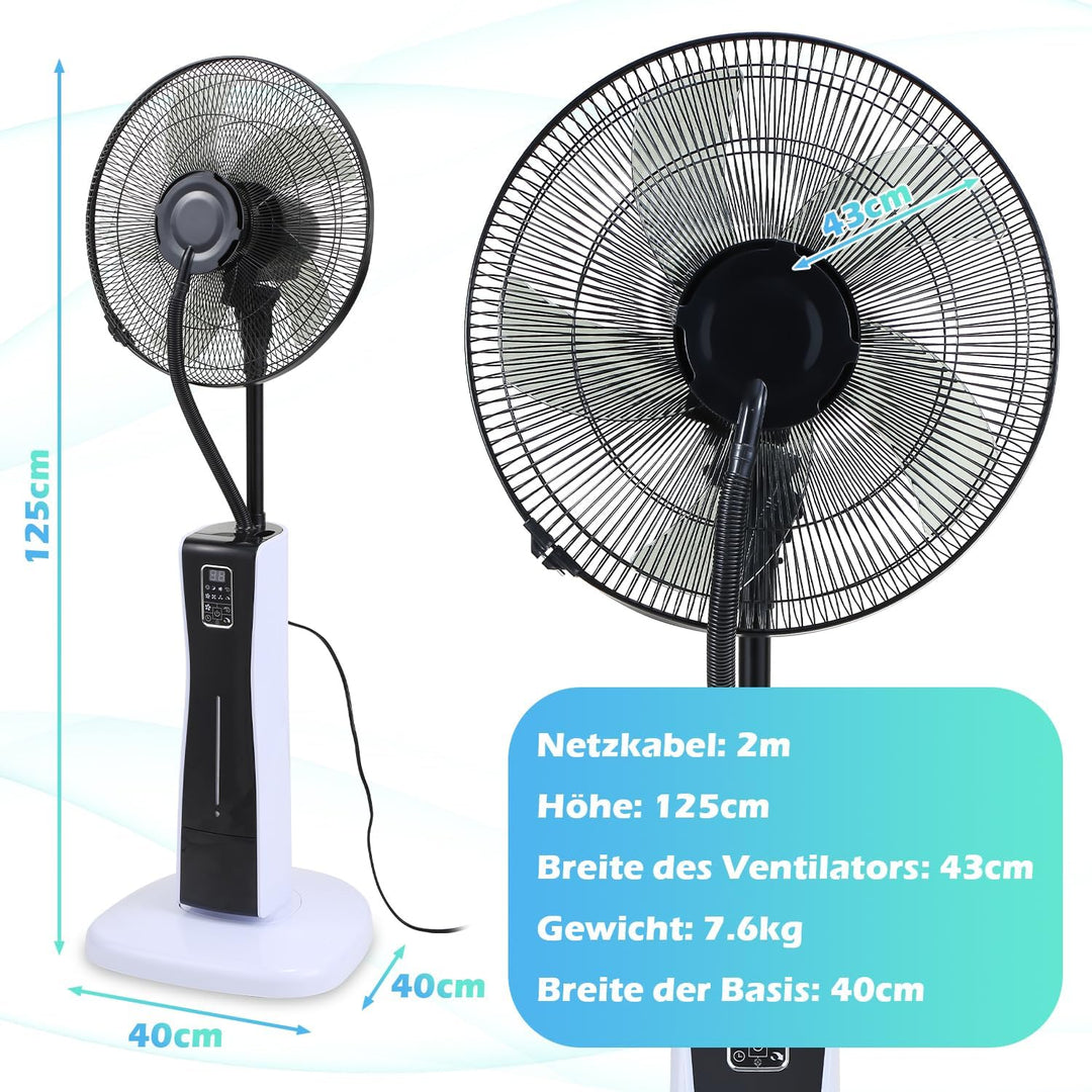 Eulenke Standventilator mit Wasser, Ventilator mit Nebelfunktion, 75W Sprühnebel Ventilator mit Fern