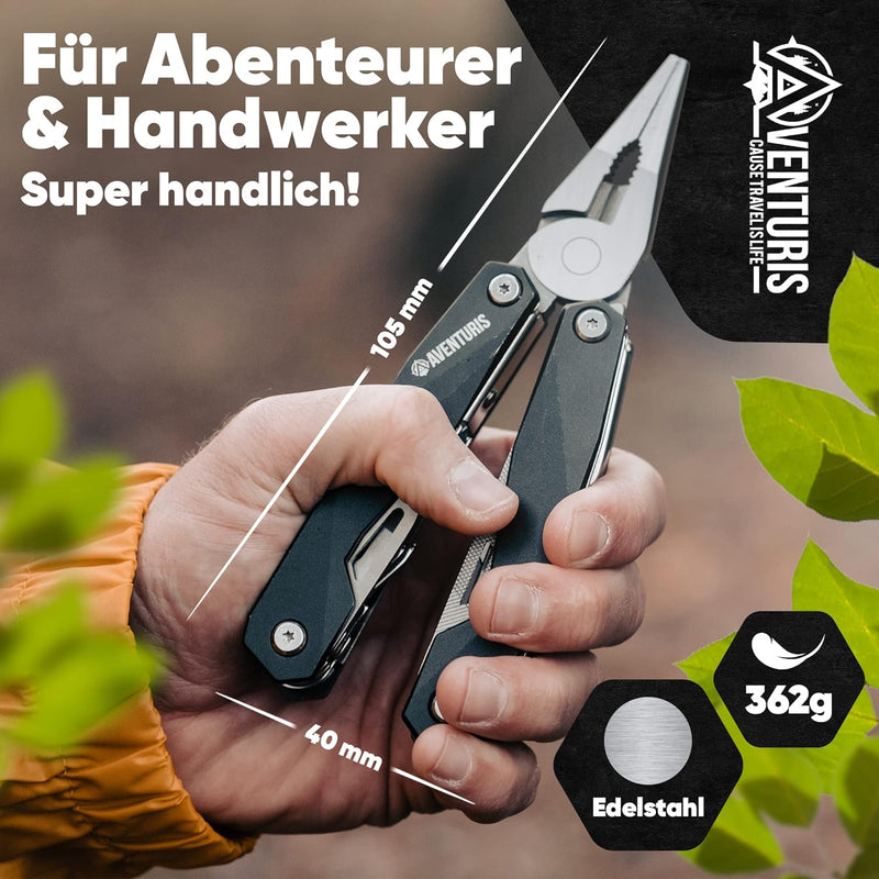 AVENTURIS® Multitool-Werkzeug aus Edelstahl mit 21 Funktionen, Geschenk für Mann, Multi tool mit Zan