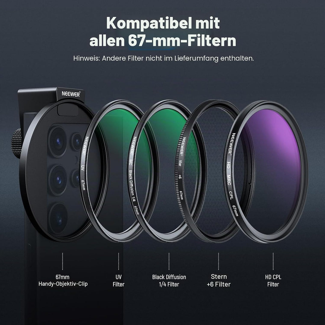 NEEWER 67 mm 1/4 schwarzer Diffusionsfilter & Kaltschuh-Handyclip für Handy, inklusive Tragetasche u
