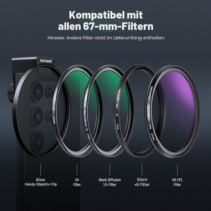 NEEWER 67 mm 1/4 schwarzer Diffusionsfilter & Kaltschuh-Handyclip für Handy, inklusive Tragetasche u
