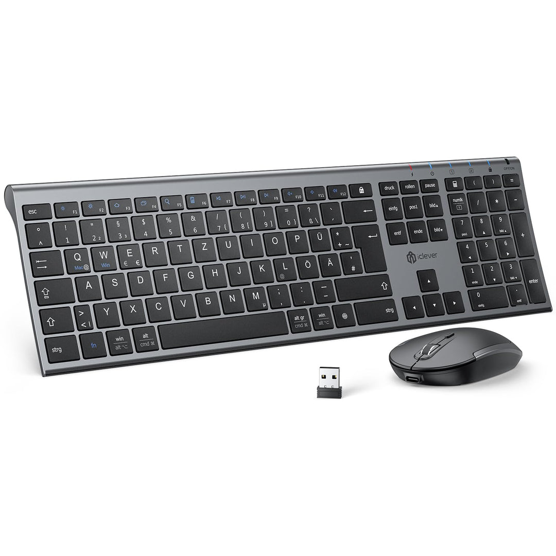 iClever 2.4G kabellose Tastatur und Maus Set, USB-C wiederaufladbar, Originalgrösse, schlanke, dünne