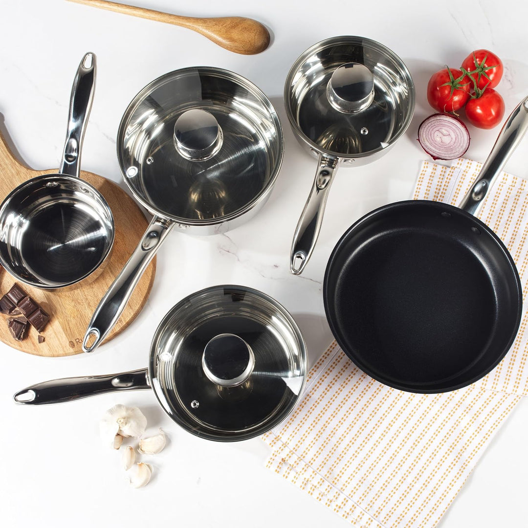 Russell Hobbs Topfsets Pfannenset 5-teilig - Antihaft-Edelstahl Kochgeschirr-Set, Bratpfanne 24cm, T