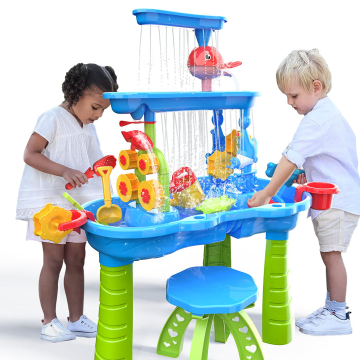 TEMI Wasserspieltisch für Kleinkinder, Sand- und Wassertisch 3-stufiger Outdoor-Spieltisch Sensorik-