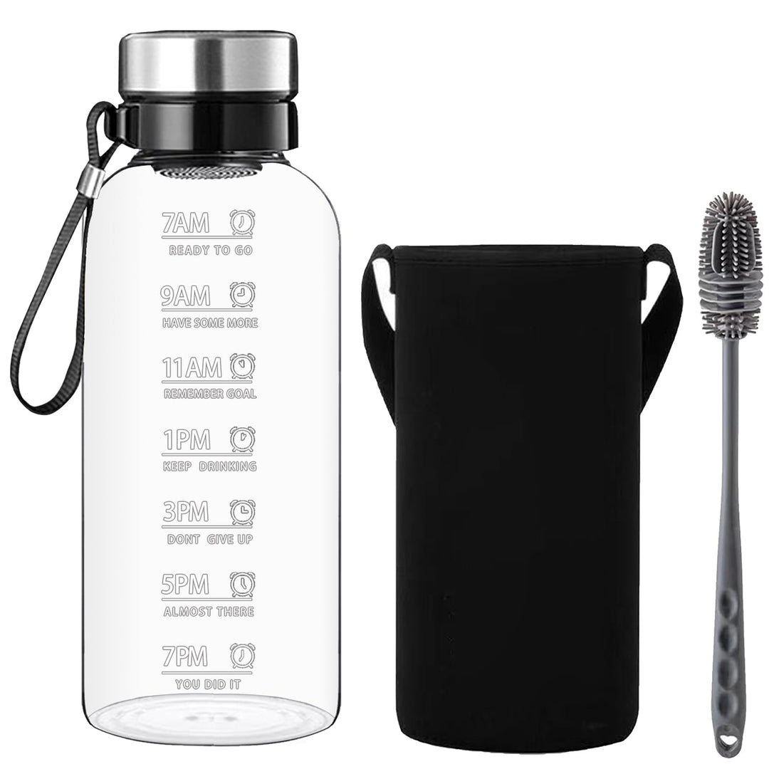 RNCKUUE 1.5 Liter Glasflasche, 1.5l Glas Trinkflasche, Wasserflasche Glas mit Sieb, Neoprenhülle, Fl