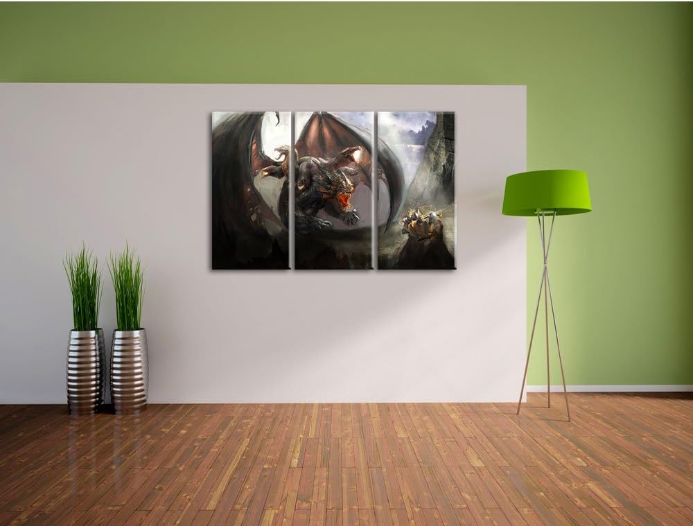 Pixxprint Fantasy Drache 3-Teiler Leinwandbild 120x80 Bild auf Leinwand