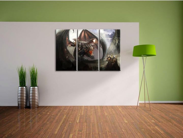 Pixxprint Fantasy Drache 3-Teiler Leinwandbild 120x80 Bild auf Leinwand