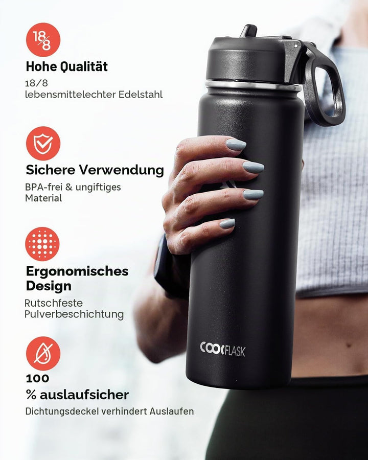 Coolflask Wasserflasche 590 ml, isoliert mit Strohhalm, Edelstahl, Metall, 3 Deckel, breite Öffnung,