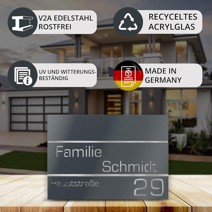 Hausnummer aus V2A Edelstahl 160x110mm - Anthrazit Metallic - Rostfrei UV-beständig Individuell anpa