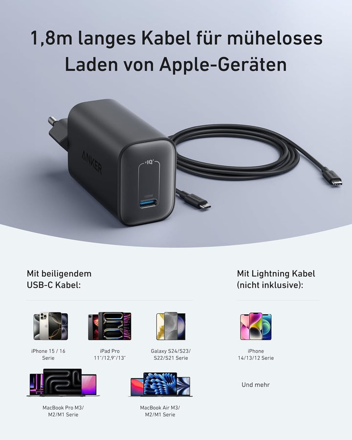 Anker Nano 100W Ladegerät, 100W MacBook Ladegerät, Netzteil für MacBook, iPad, iPhone 17/16, Galaxy,
