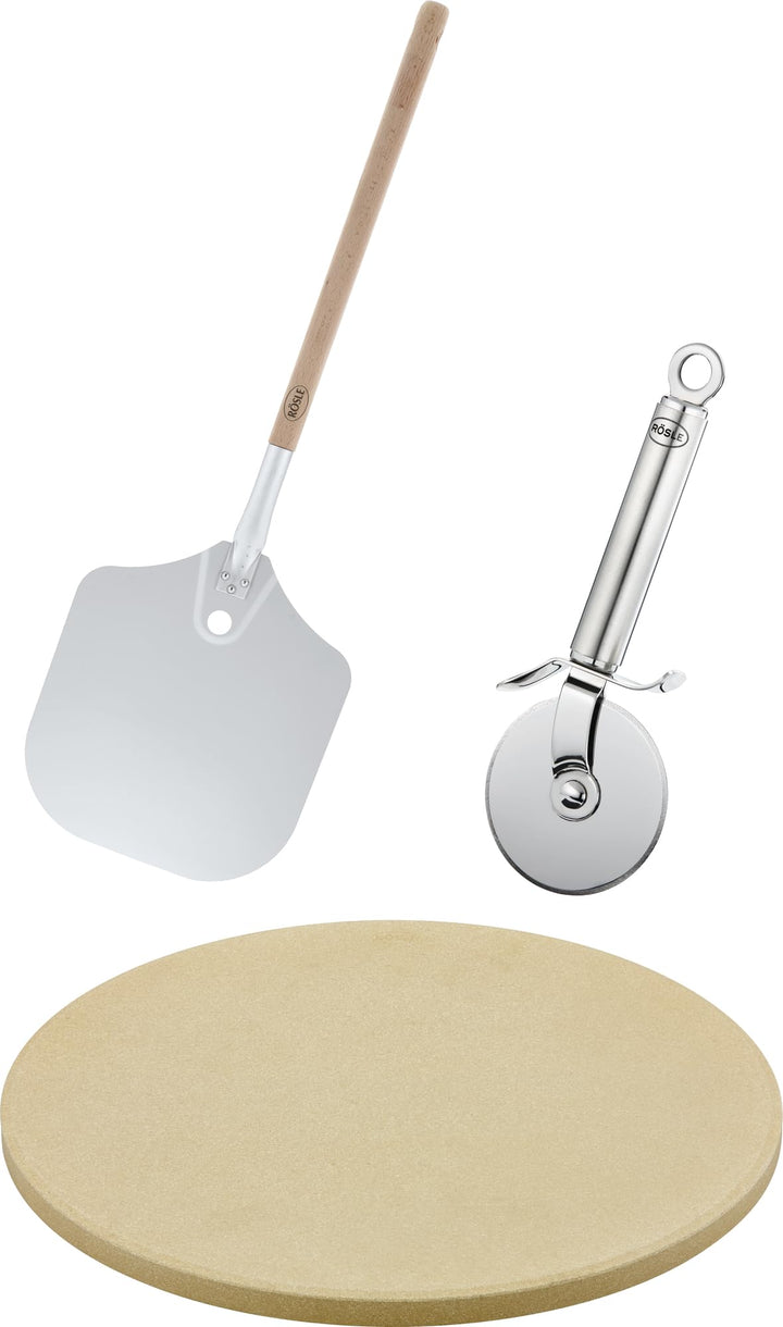 RÖSLE Barbecue Pizza-Set 3-tlg, Hochwertiger Pizzastein, Pizzaschieber und Pizza- und Flammkuchensch