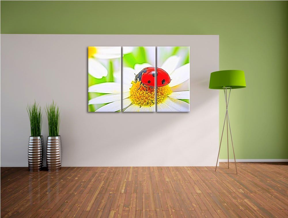 Marienkäfer auf Gänseblümchen Spezial 3-Teiler Leinwandbild 120x80 Bild auf Leinwand, XXL riesige Bi