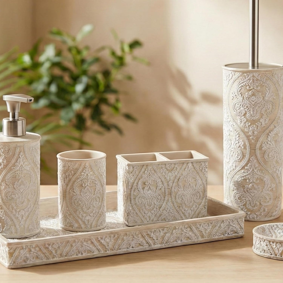 Geschlossene WC-Garnitur Serie Damask - Toilettenbürste mit Edelstahl-Stiel - Bürstenhalter aus Poly