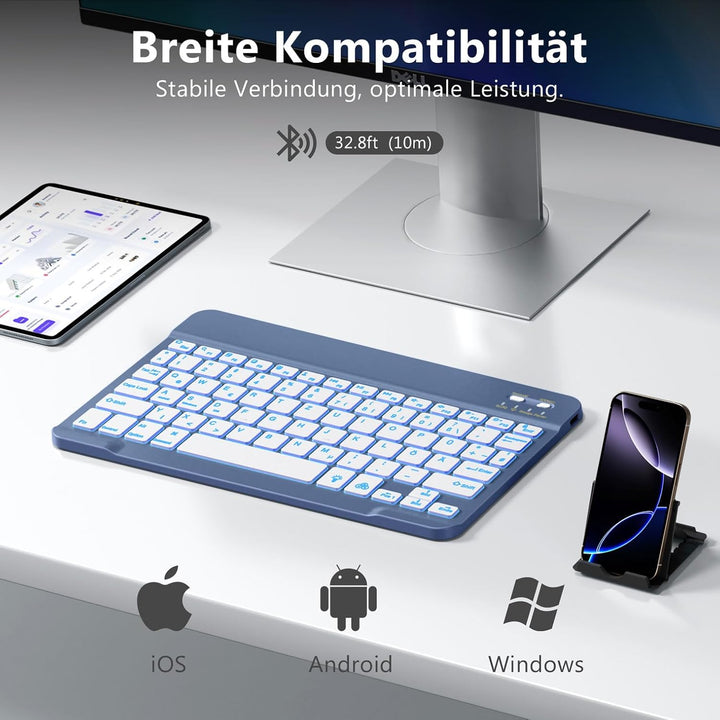 Vobafe Bluetooth Tastatur mit Telefonhalter für iPad Air/Pro/Mini/A16/11/10.9/10.2/iPhone, Kabellose