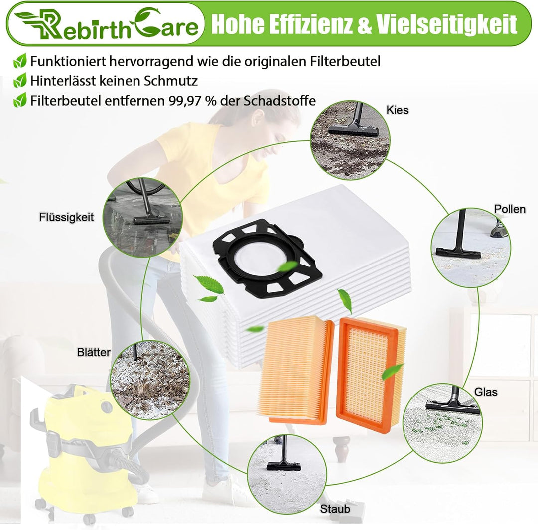 10 Stück Staubsaugerbeutel und 2 Filter als Ersatz für Kärcher WD5 WD6 WD4 WD5P Premium MV4 MV5 MV6,