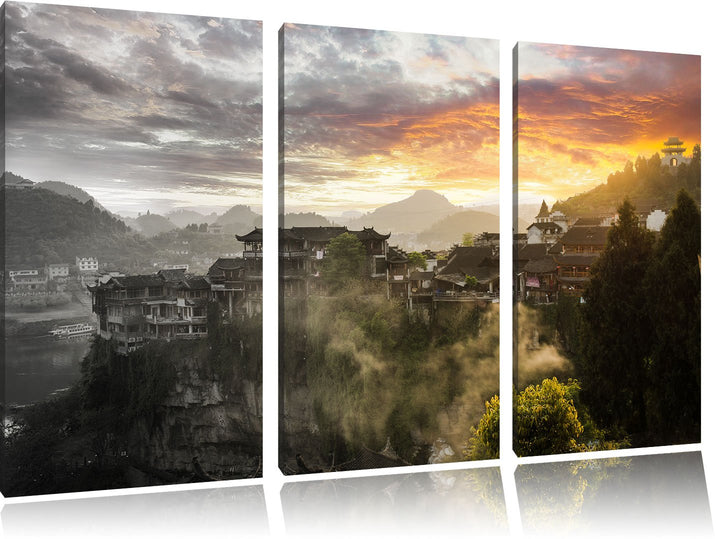 Pixxprint Gigantisches Dorf in China Schwarz/Weiss 3-Teiler Leinwandbild 120x80 Bild auf Leinwand