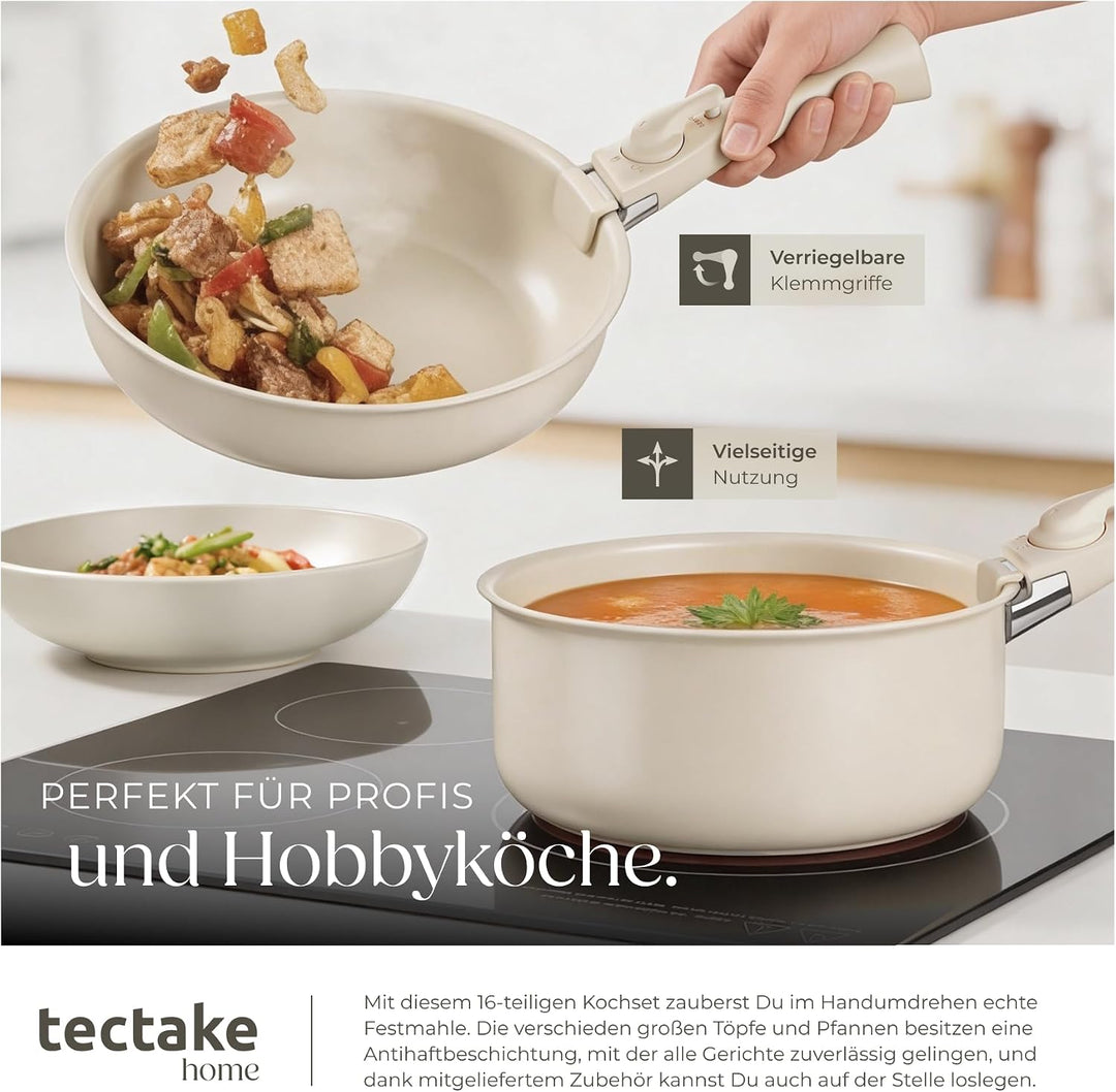 tectake® Küchenstarterset 6 Personen, Steingut Geschirr Set, Teller, 3 Pfannen, 2 Töpfe, rostfreies