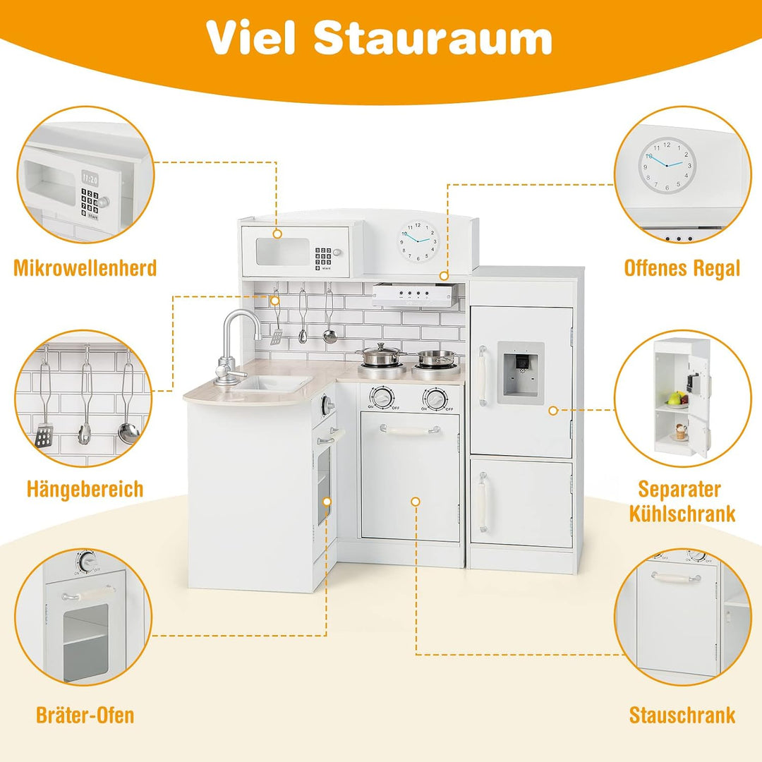 COSTWAY Eck Spielküche mit separatem Kühlschrank, Kinderküche Holz mit Sound, inkl. Spielzubehör, fü
