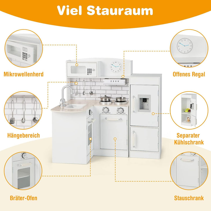 COSTWAY Eck Spielküche mit separatem Kühlschrank, Kinderküche Holz mit Sound, inkl. Spielzubehör, fü