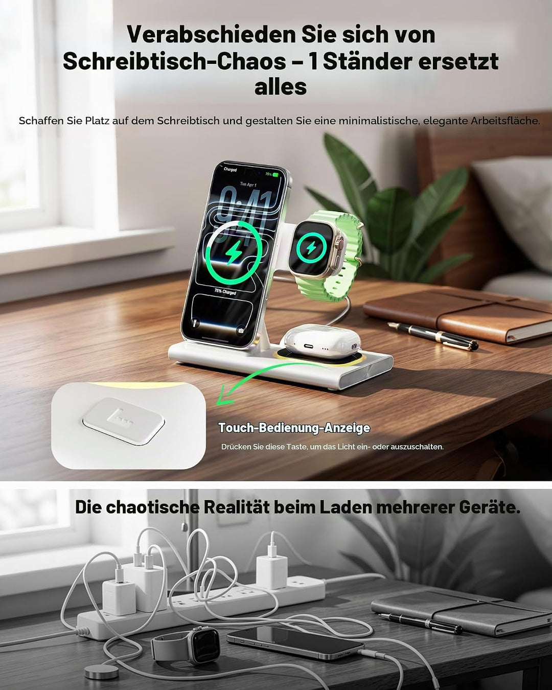 Aimtel 3 in 1 Ladestation für Apple Watch iPhone Faltbare&amp;Nachtlichter weiss, weiss