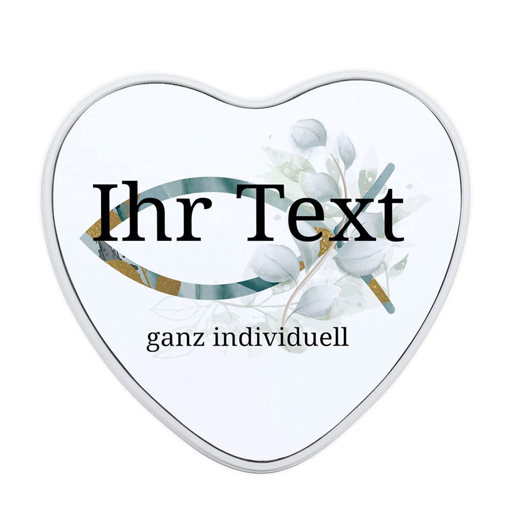 STEMPEL-FABRIK – personalisierbare Herzdose mit Name oder Wunschtext – Aquarell Motiv mit grünem Fis