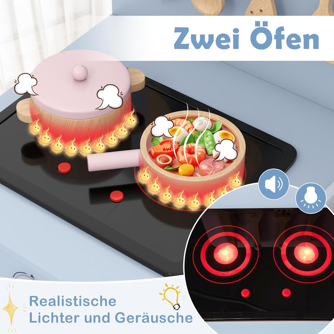 COSTWAY Kinderküche mit 10 Zubehör, Spielküche Holz mit Licht und Sound, Spielzeugküche mit Herd & S