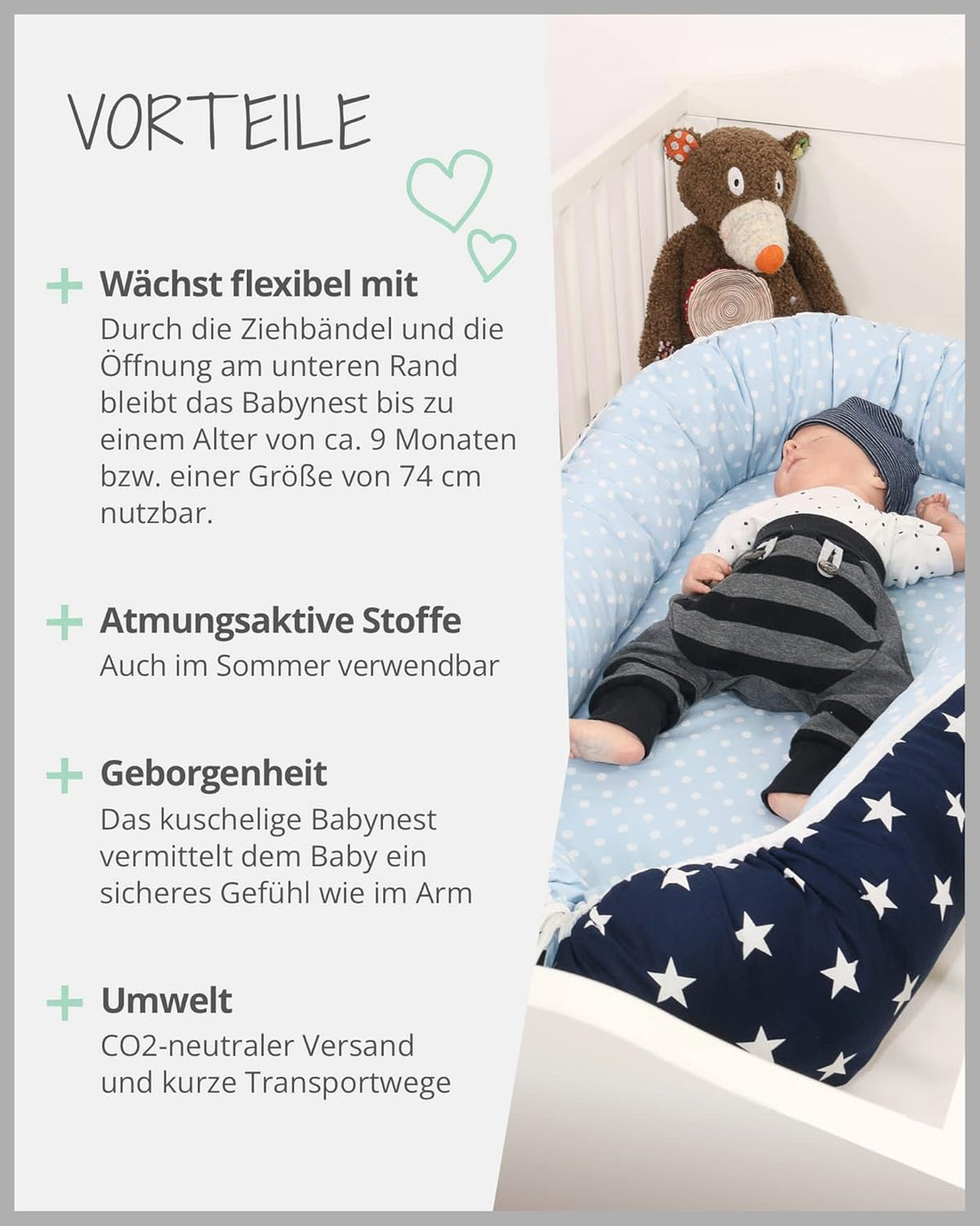 ULLENBOOM ® Babynest Set mit Einlage, Kuschelnest (55x95 cm) Blau Hellblau (Made in EU) - Baby Nestc