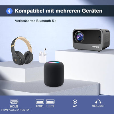 【Elektrischer Fokus/Trapezkorrektur】 HausKit Mini Smart Beamer 4K Android Projektor Full HD 1080P He