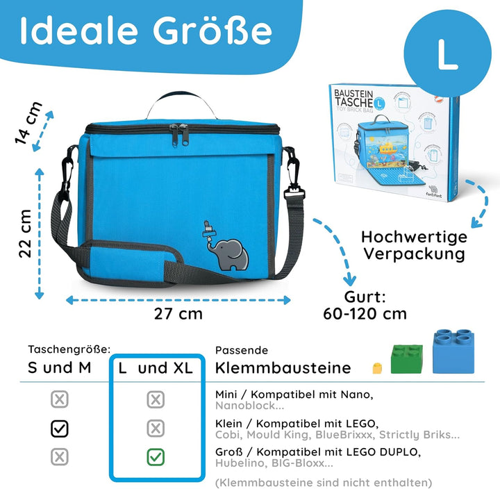 fantifant Baustein-Tasche mit ausklappbarer Bauplatte | meerblau Grösse L I kompatibel mit Lego Dupl