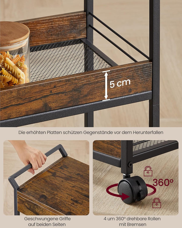 VASAGLE Rollwagen, Küchenwagen 3 Ebenen, Servierwagen mit Bremsen, Holzspanplatte, obere Schublade,