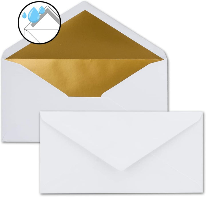 100 Brief-Umschläge DIN Lang - Weiss mit Gold-Metallic Innen-Futter - 110 x 220 mm - Nassklebung - f