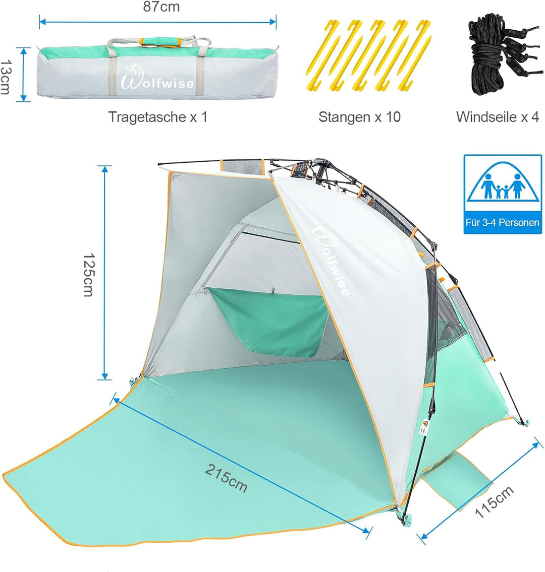 Wolfwise Strandmuschel mit Schnellaufbau für 3-4 Personen – UV-Schutz 50+, Wasserabweisend, Privater