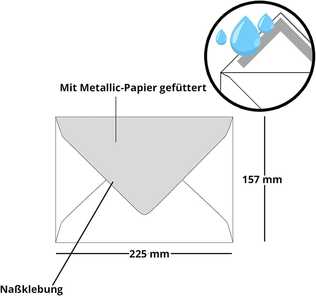 50x DIN C5 Kuverts 15,7 x 22,5 cm in weiss mit goldenem Seidenfutter - Nassklebung - Blanko Brief-Um