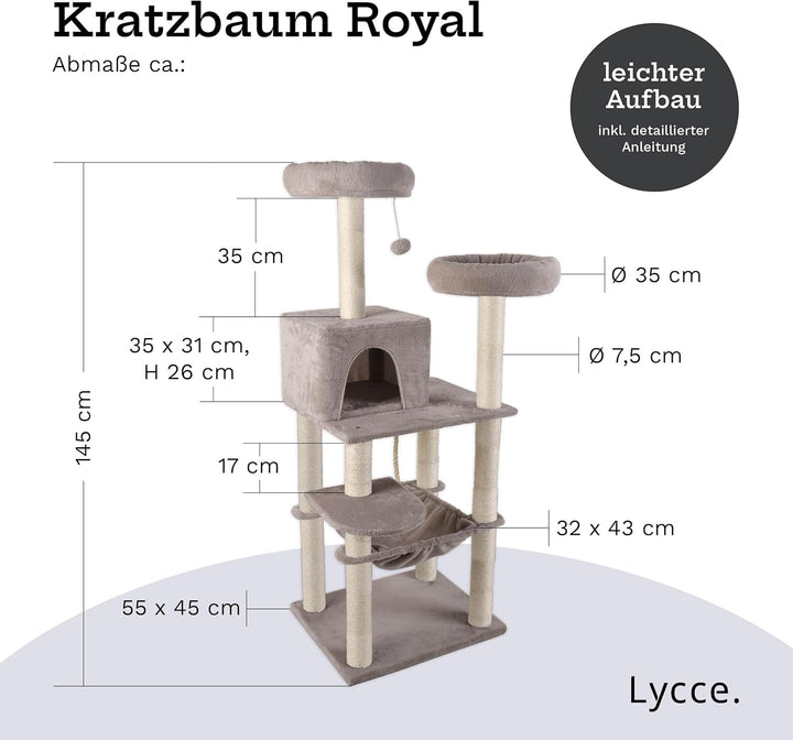 Lycce Kratzbaum gross Royal 145 cm hoch mehrstöckiger Katzenbaum inkl. 10 Kratzsäulen mit vollständi