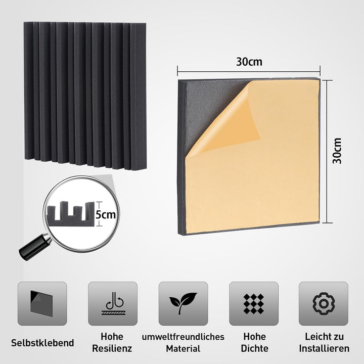 36 Stück Akustikpaneele, Selbstklebend Wandpaneele, Schwarz Gerillte Akustikschaumstoff 12 x 12 x 2