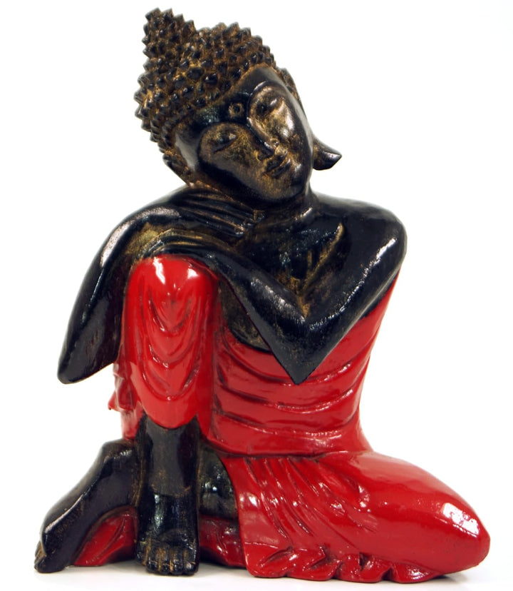 GURU SHOP Geschnitzte Sitzender Buddha Figur, Träumender Buddha - Rot/Links, 28x21x12 cm, Buddhas