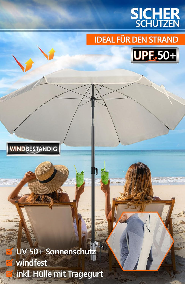 4smile Sonnenschirm Strand Ø 180 cm mit Eindrehbodenhülse, Beige | Strandschirm windfest stabil mit