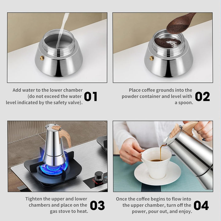 Romon Espressokocher Edelstahl, 6 Tassen 300ml Silber, Mokkakanne Mit Holzgriff, Geeignet Für Glaske