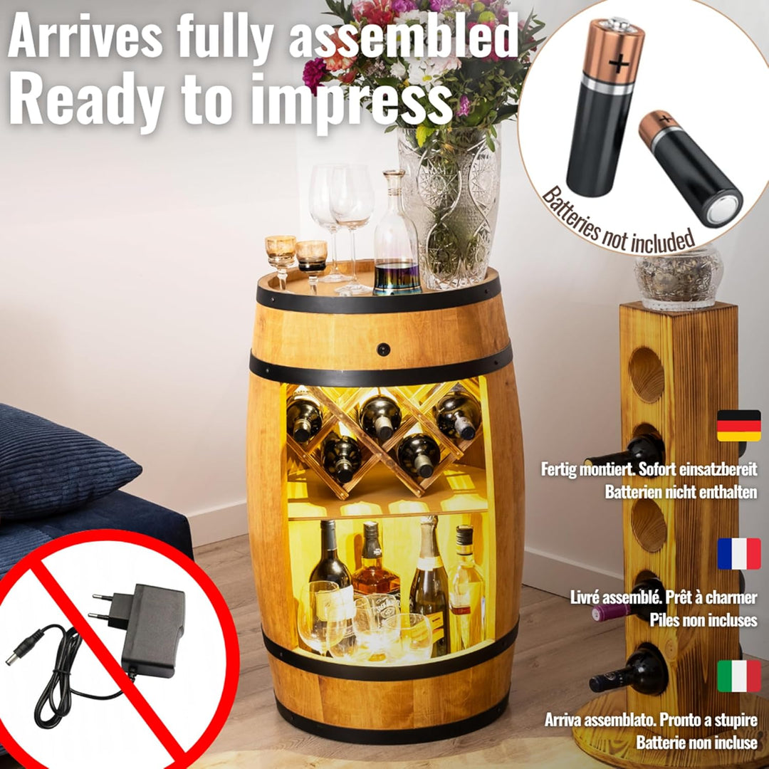 CREATIVE COOPER Fass bar mit Weinhalter - Weinregal LED- Holzfass Hausbar 80x50cm - Rustikaler deko